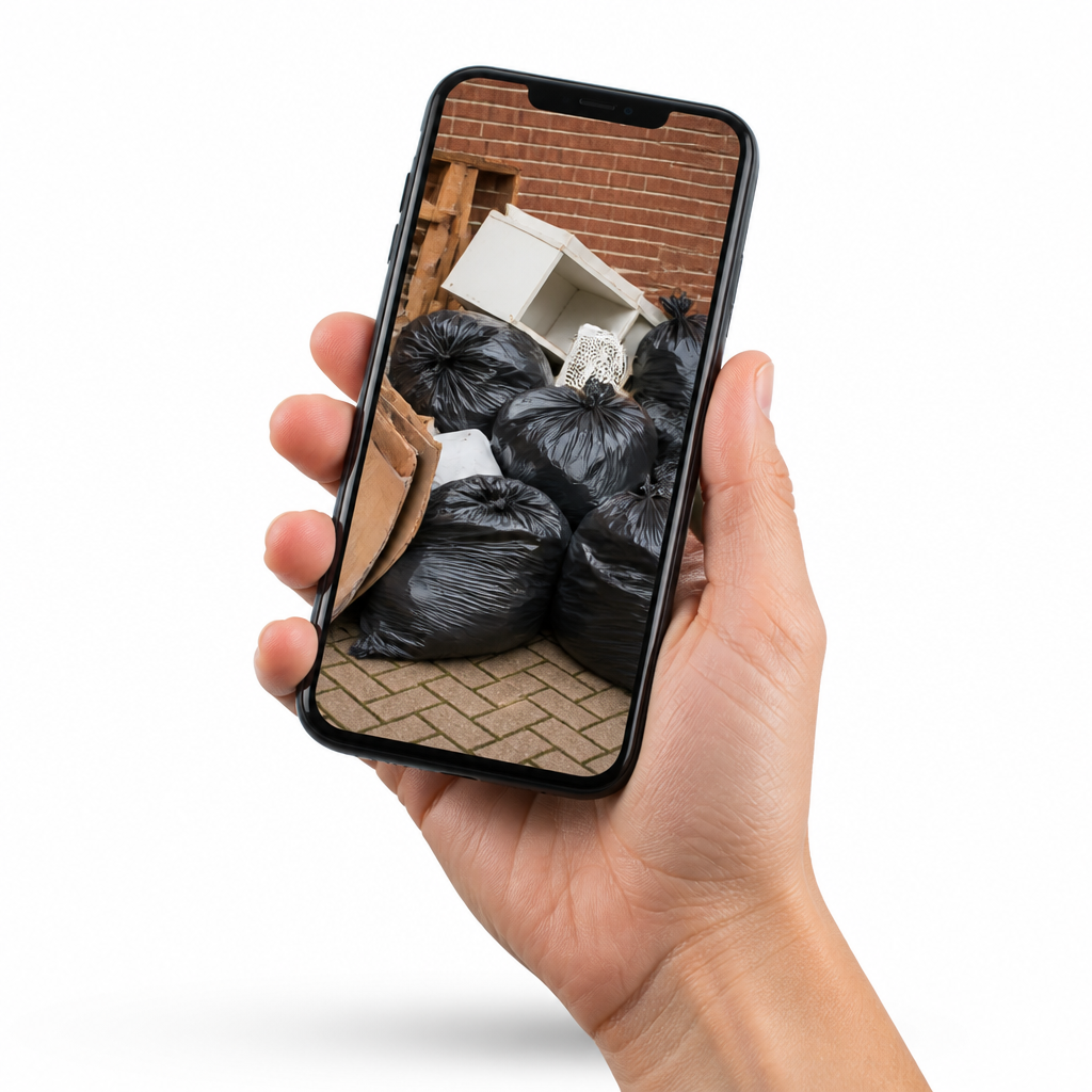 Hand holding a phone showing a photo of household waste