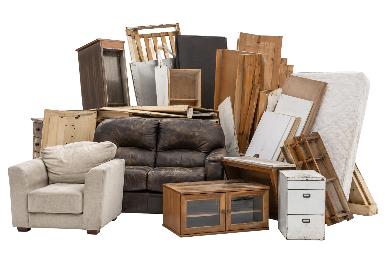 Pile of household furniture and waste ready for load size collection